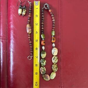 Green and Orange Beaded Necklace with Natural Elements